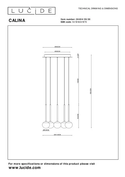 Lucide Premium CALINA - Pendelleuchten - Ø 42 cm - LED Dim. - 5x8,2W 2700K - Schwarz - technisch